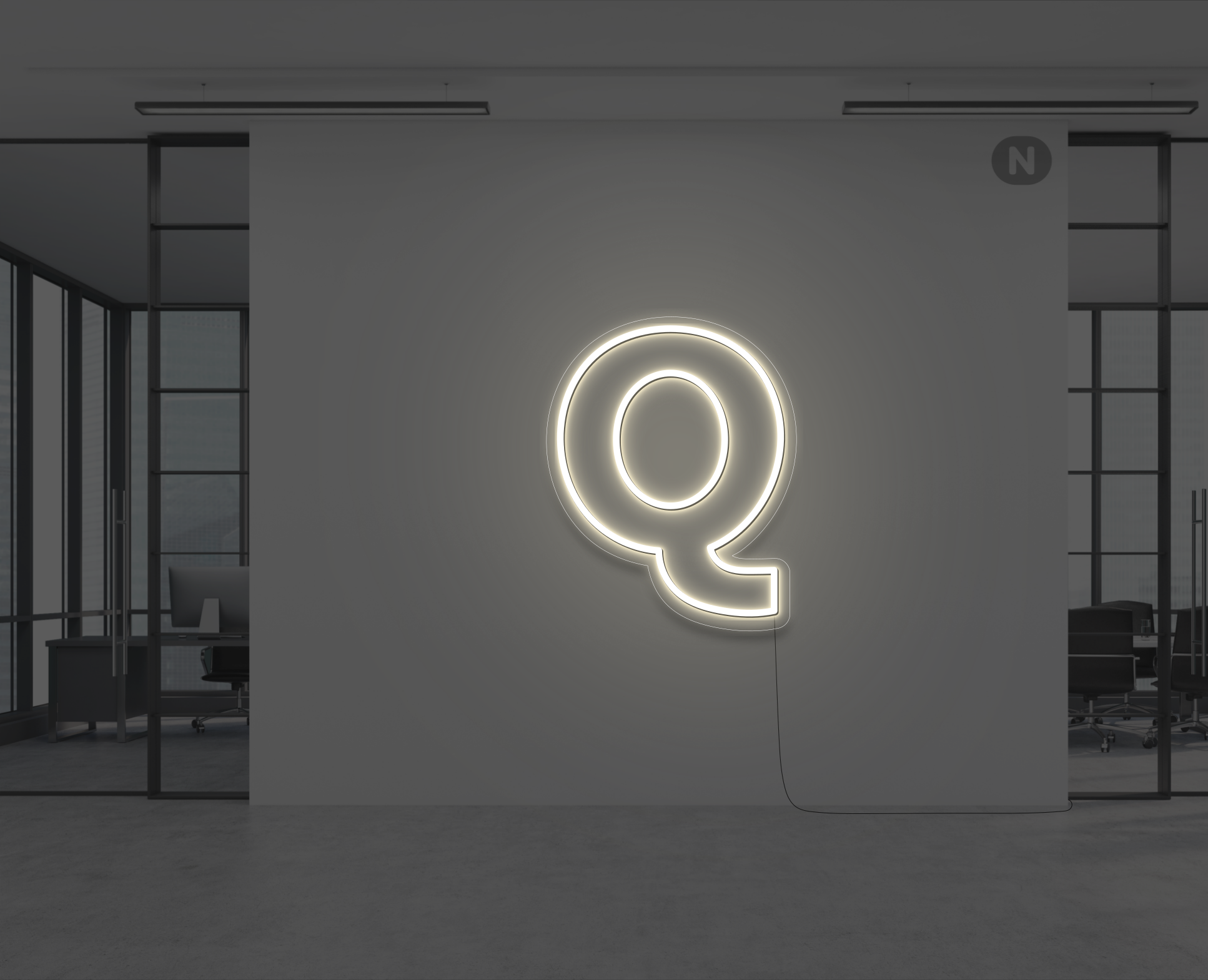 neon-bokstav-q-varm-vit